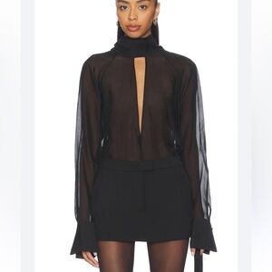 L'Academie Black Sheer Long-Sleeve Keyhole Blouse